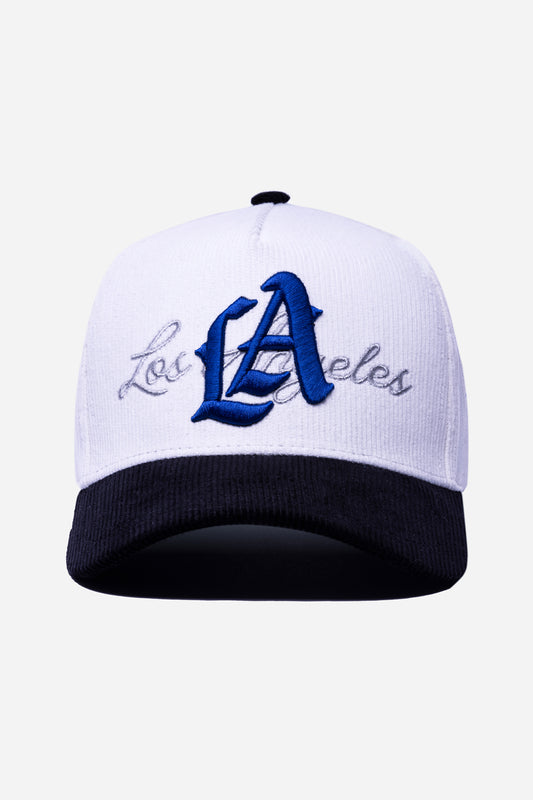 LA Logo Corduroy Snapback  | White & Black with Blue LA
