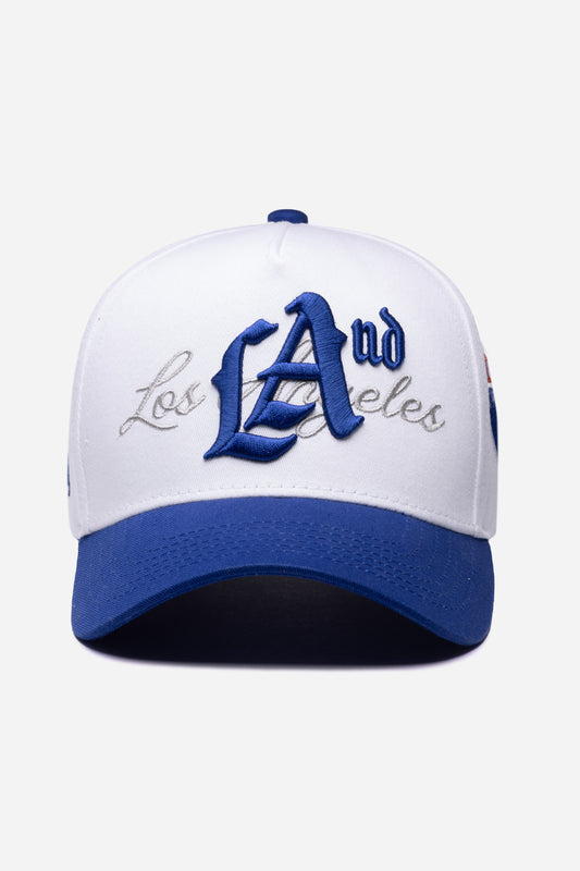 The Land LA Logo A-Frame Snapback | White & Royal Blue