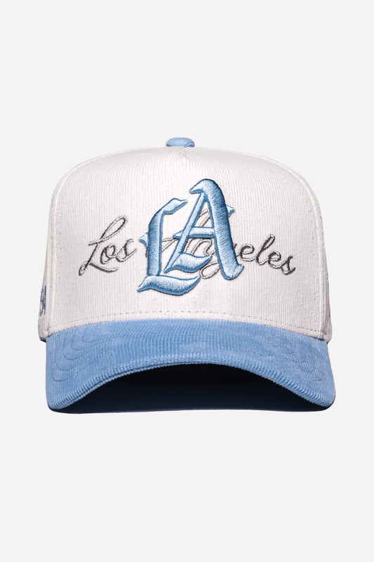 LA Logo Corduroy Snapback  | White & Powder Blue