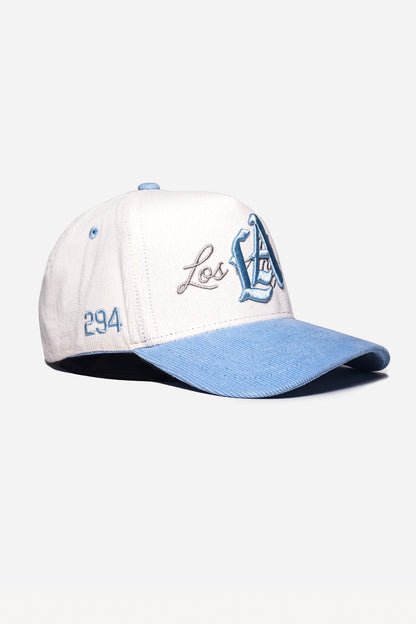 LA Logo Corduroy Snapback  | White & Powder Blue