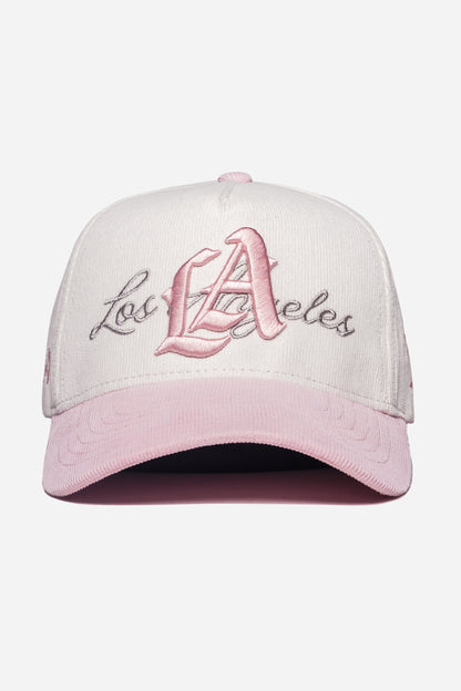 LA Logo Corduroy Snapback  | White & Powder Pink