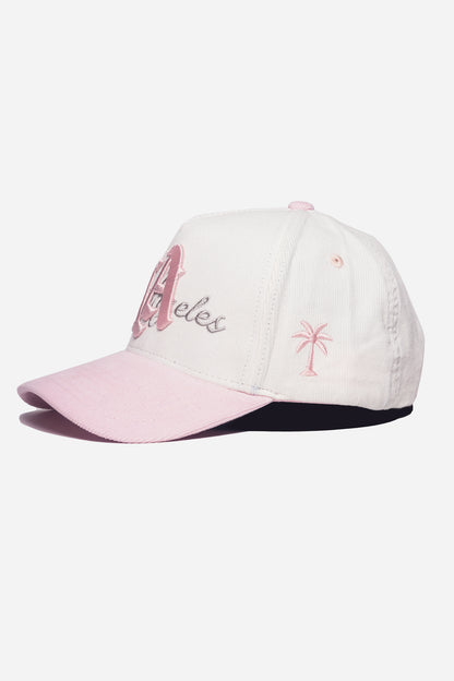 LA Logo Corduroy Snapback  | White & Powder Pink